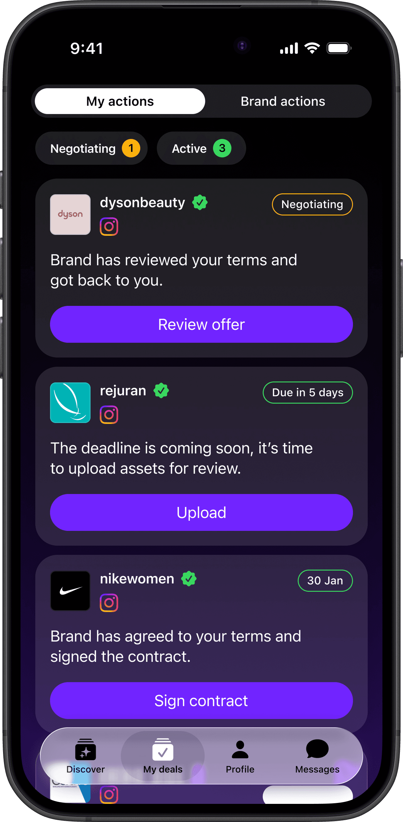 Spark deals dashboard showing active brand deals with status tracking