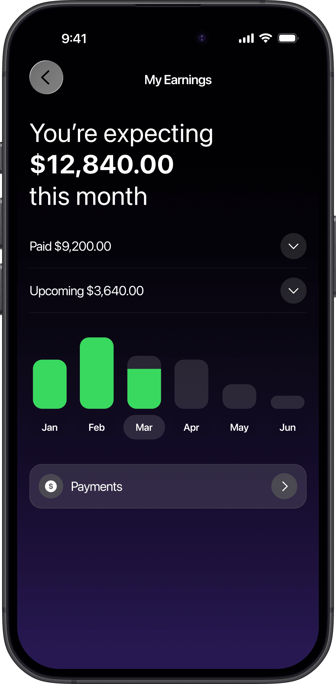 Spark earnings dashboard showing $12,840 balance with monthly payout history